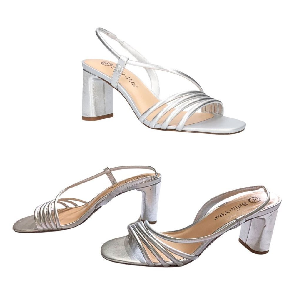 NWT BELLA VITA Zariah Silver Strappy Block Heel Leather Slingback Sandals Size 8